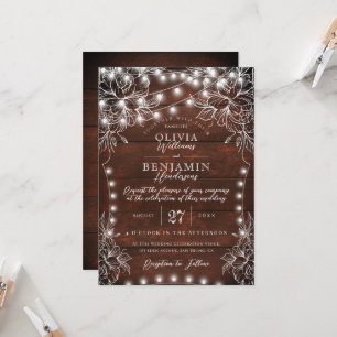 Budget White Floral & Rustic Wood Lights Wedding I Invitation