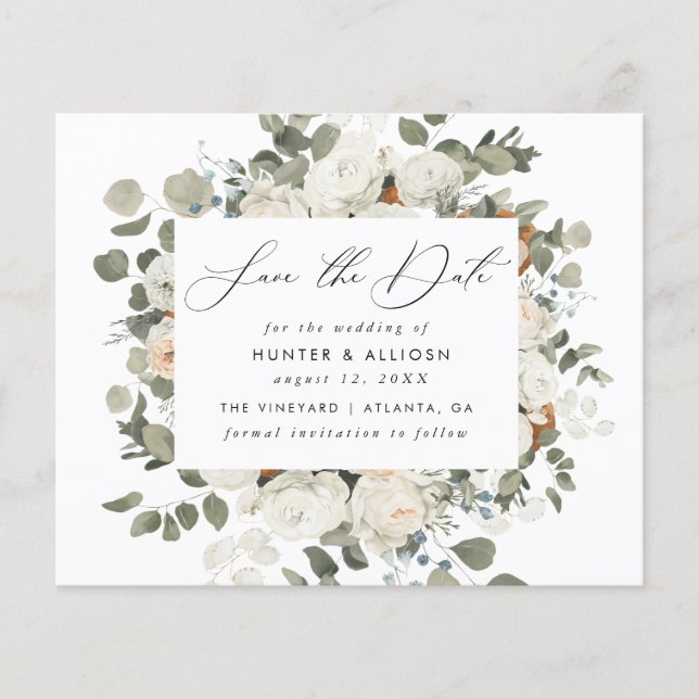 BUDGET White Floral Save the Date Flyer (Front)