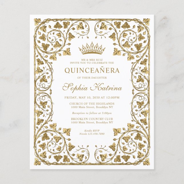 Budget White Floral Vintage Gold Tiara Quinceanera (Front)