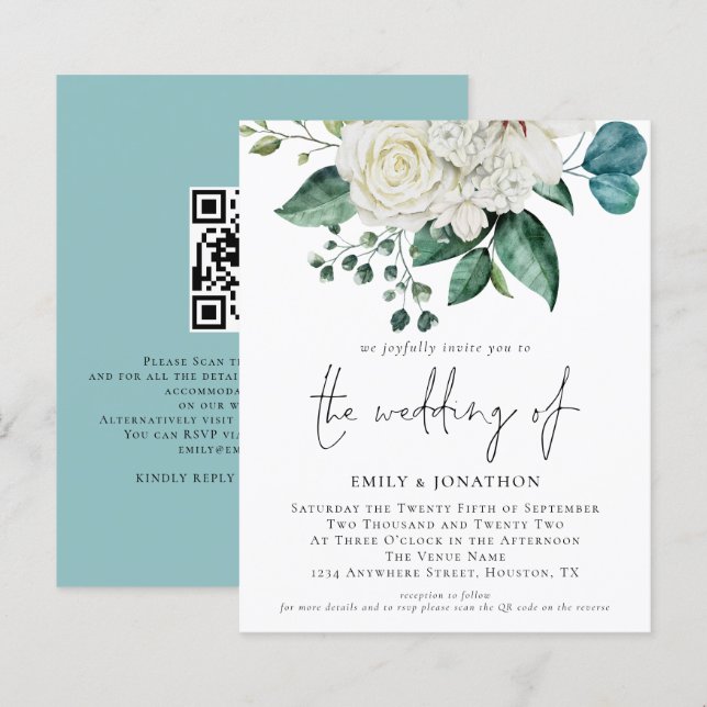 Budget White Florals Eucalyptus Wedding Invitation (Front/Back)