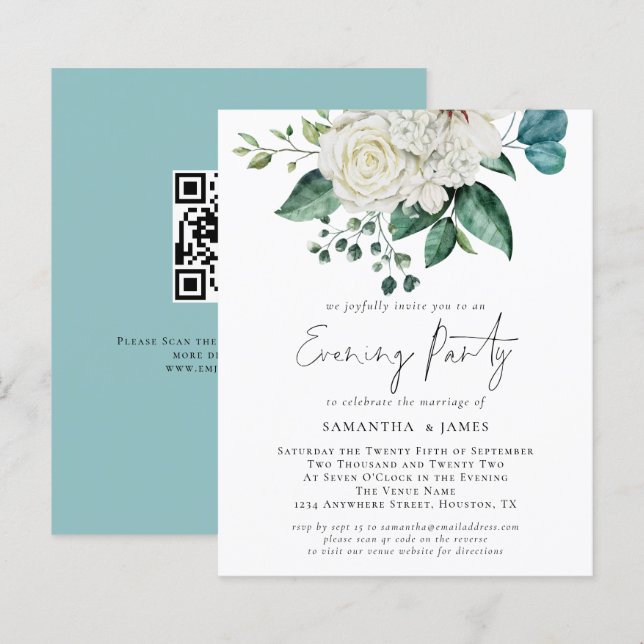 Budget White Florals QR Code Wedding Evening Party (Front/Back)