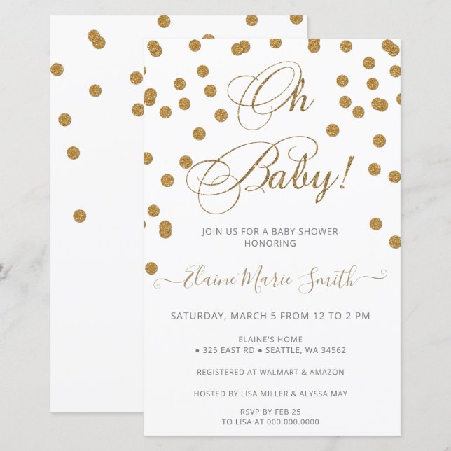 Budget white gold baby shower invitation (Front/Back)