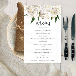Budget White Gold Florals Script Wedding Menu