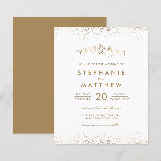 Budget White & Gold Foil Confetti Mountain Wedding (Front/Back)