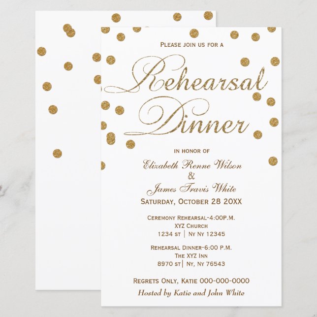 Budget White Gold Glitter Rehearsal Dinner Invite (Front/Back)
