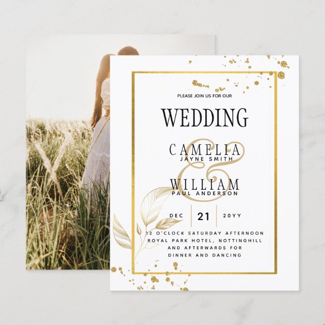 BUDGET White Gold PHOTO Wedding Invitation (Front/Back)