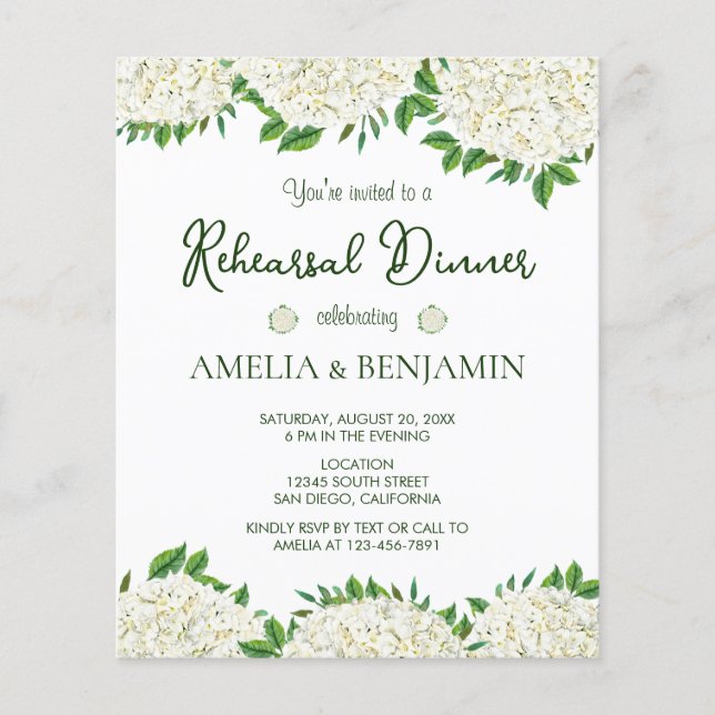 Budget White Hydrangea Rehearsal Dinner Invitation Flyer (Front)