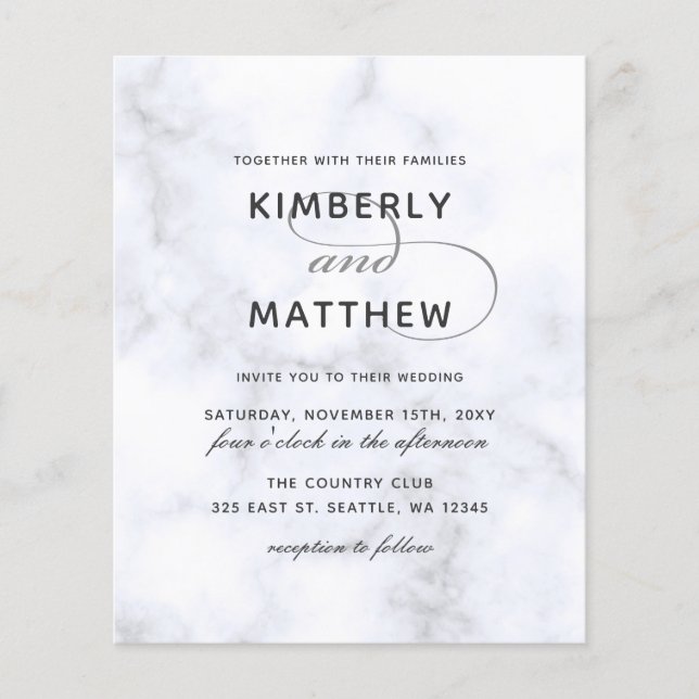 Budget White Marble Calligraphy Wedding Invitation (Front)