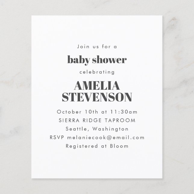 Budget White Minimalist Baby Shower Invitation  (Front)