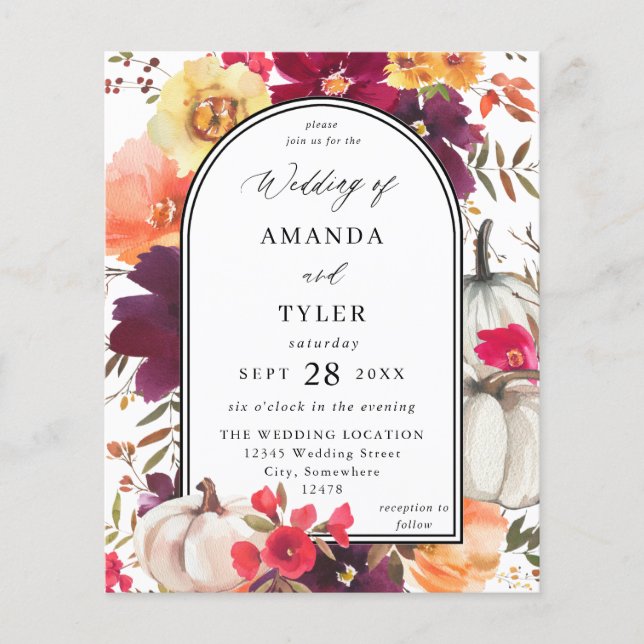 Budget White Pumpkin Fall Floral Wedding Flyer (Front)