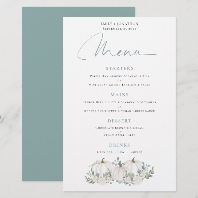 Budget White Pumpkins Florals Wedding Menu (Front/Back)