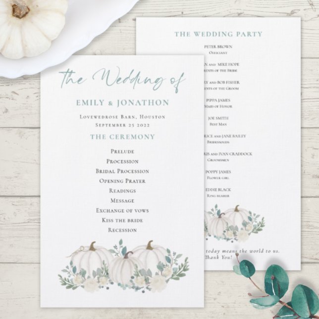 Budget White Pumpkins Florals Wedding Program (Creator Uploaded)