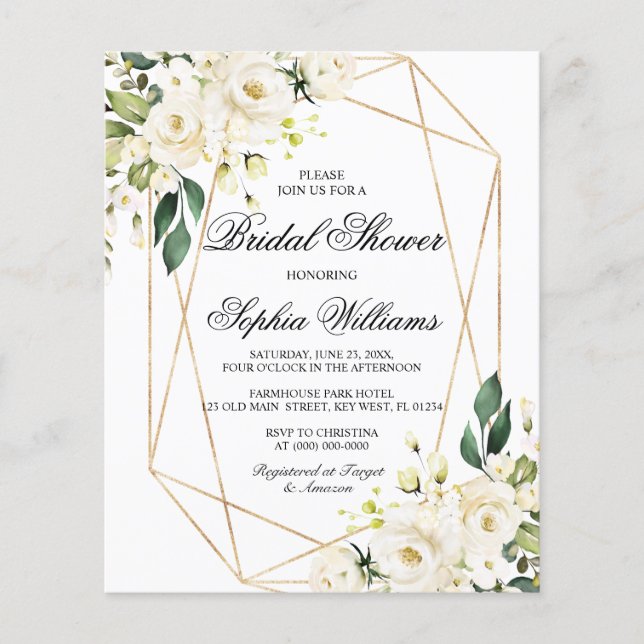 Budget White Rose & Green Bridal Shower Invitation (Front)