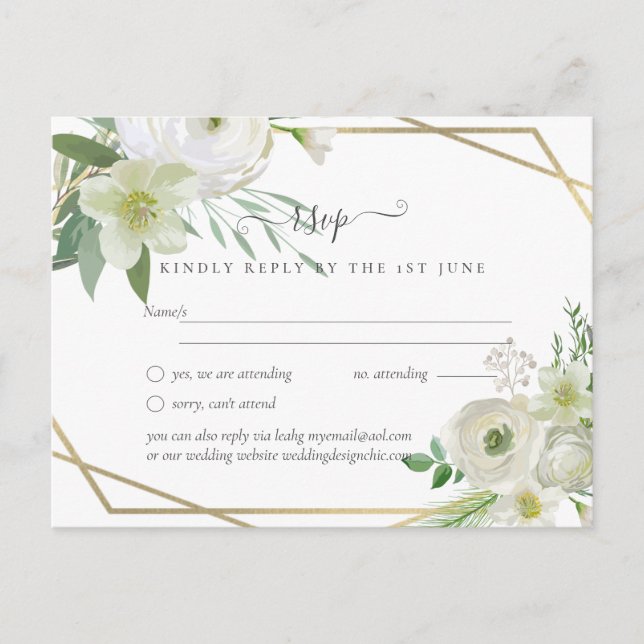 BUDGET White Rose Greenery Gold Wedding Postcard (Front)
