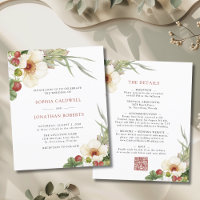 Budget White Rose Wild Strawberry Wedding Invite