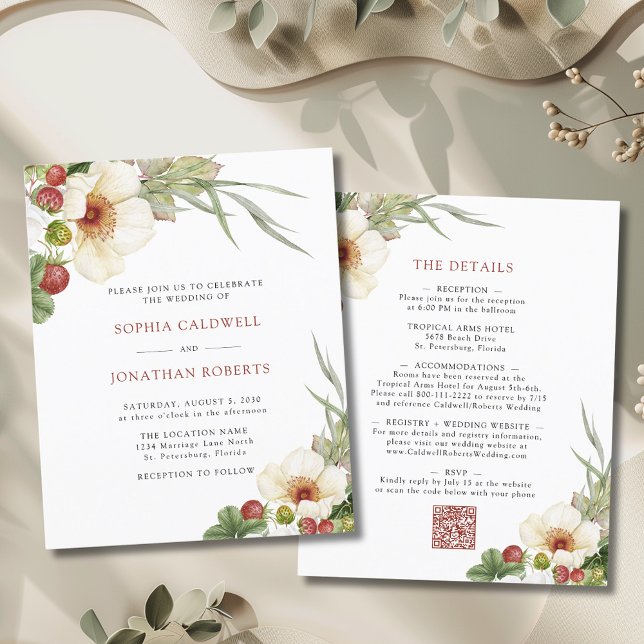 Budget White Rose Wild Strawberry Wedding Invite (Budget White Rose and Wild Strawberry Wedding Invitation)