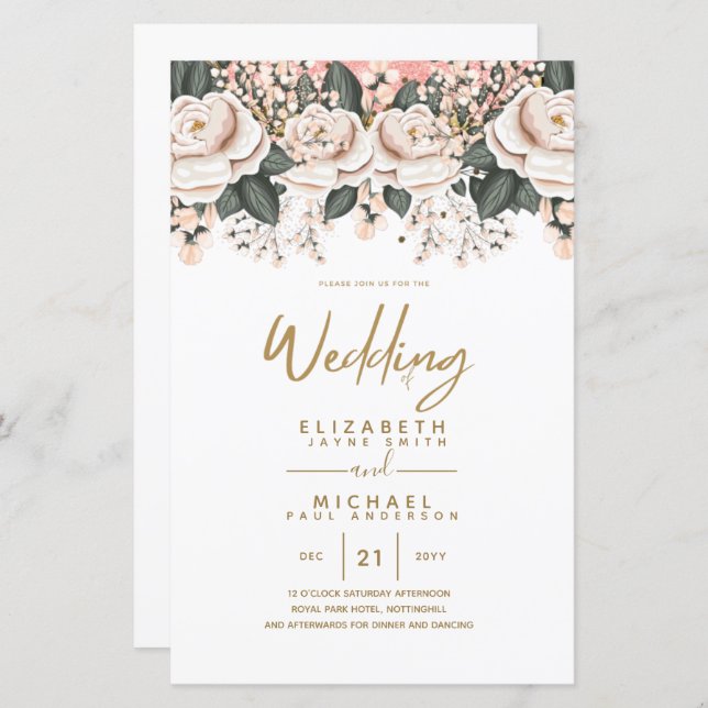 Budget White Roses Botanical Wedding Invites A9 (Front/Back)