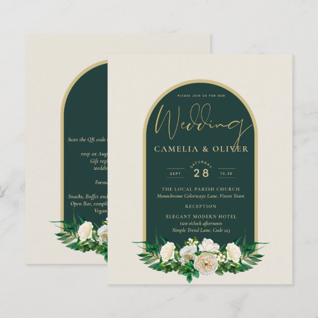 BUDGET White Roses Forest Green Winter Wedding INV (Front/Back)