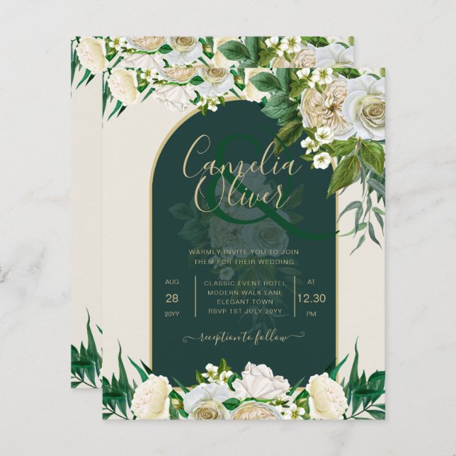 BUDGET White Roses Forest Green Winter Wedding INV (Front/Back)