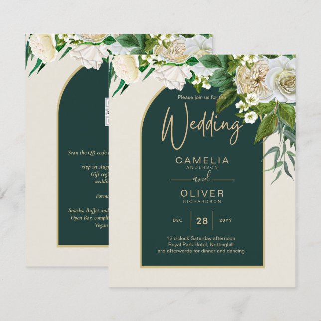 BUDGET White Roses Forest Green Winter Wedding INV (Front/Back)