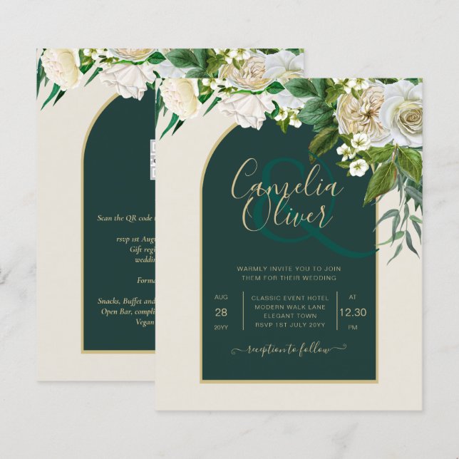 BUDGET White Roses Forest Green Winter Wedding INV (Front/Back)