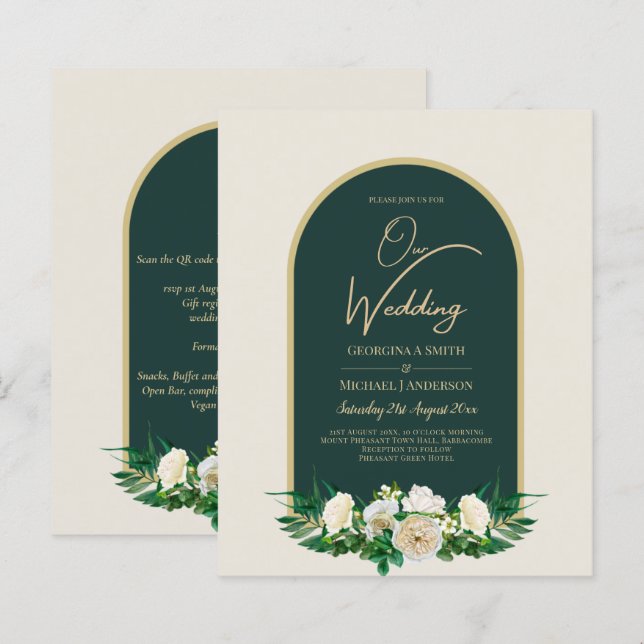 BUDGET White Roses Forest Green Winter Wedding INV (Front/Back)