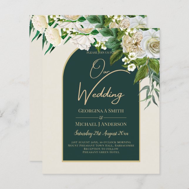 BUDGET White Roses Forest Green Winter Wedding INV (Front/Back)