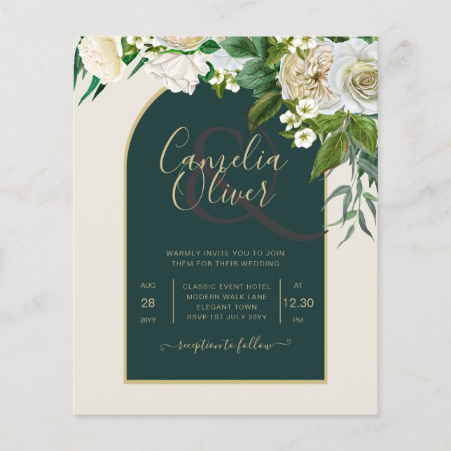 BUDGET White Roses Forest Green Winter Wedding INV Flyer (Front)