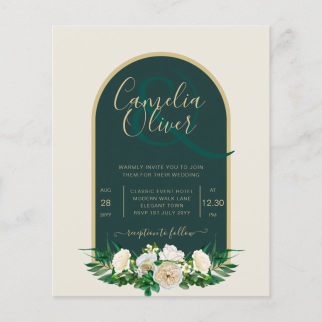 BUDGET White Roses Forest Green Winter Wedding INV Flyer (Front)