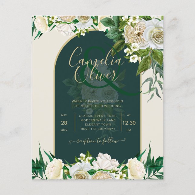 BUDGET White Roses Forest Green Winter Wedding INV Flyer (Front)