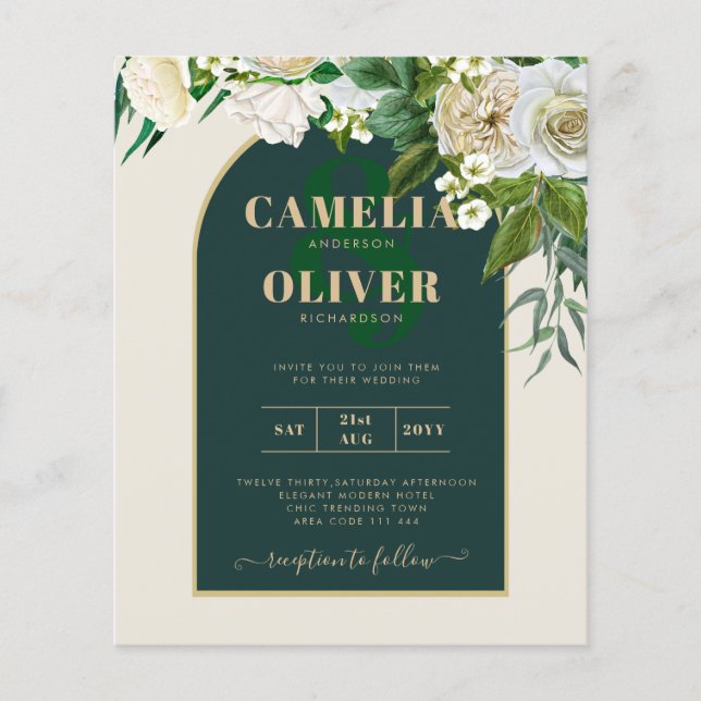 BUDGET White Roses Forest Green Winter Wedding INV Flyer (Front)