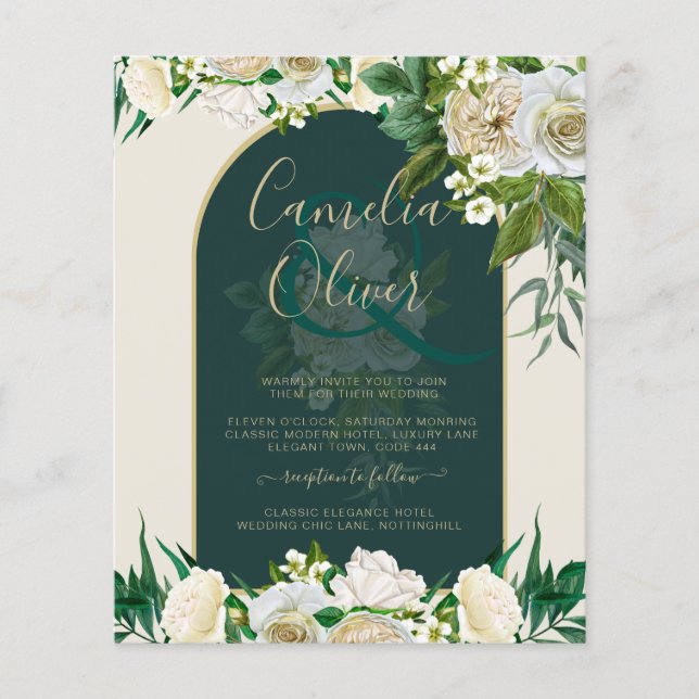 BUDGET White Roses Forest Green Winter Wedding INV Flyer (Front)