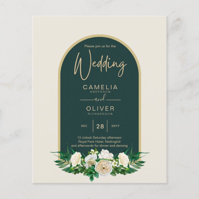 BUDGET White Roses Forest Green Winter Wedding INV Flyer (Front)