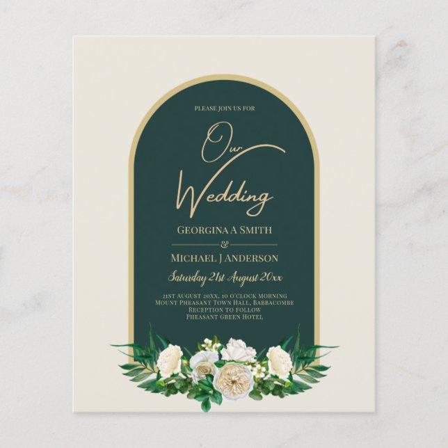 BUDGET White Roses Forest Green Winter Wedding INV Flyer (Front)