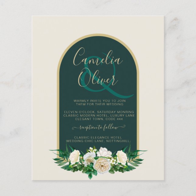 BUDGET White Roses Forest Green Winter Wedding INV Flyer (Front)