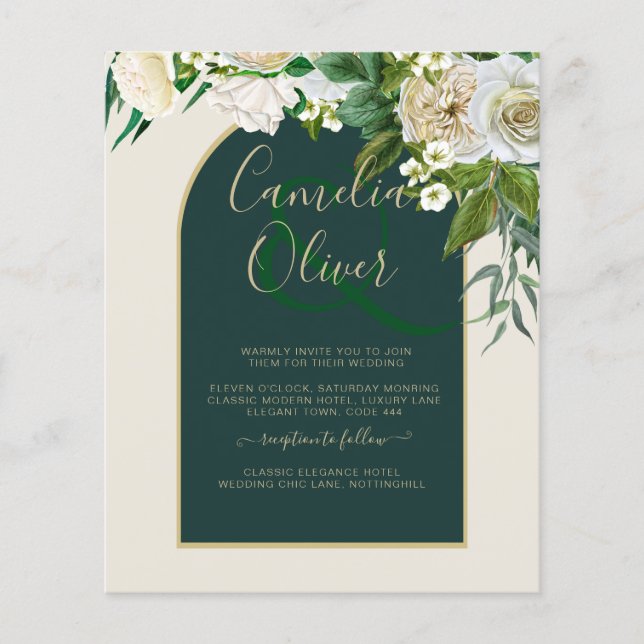 BUDGET White Roses Forest Green Winter Wedding INV Flyer (Front)