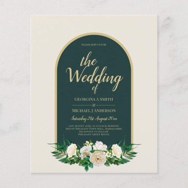 BUDGET White Roses Forest Green Winter Wedding INV Flyer (Front)