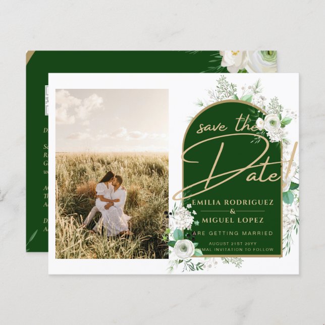 Budget White Roses Green Wedding Save the Date (Front/Back)