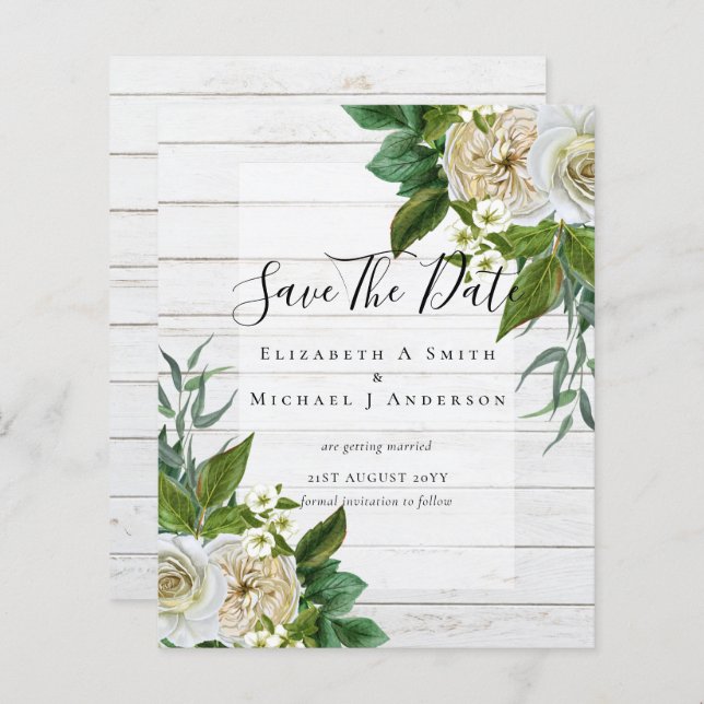 BUDGET WHITE ROSES Invitations WEDDING CHIC (Front/Back)