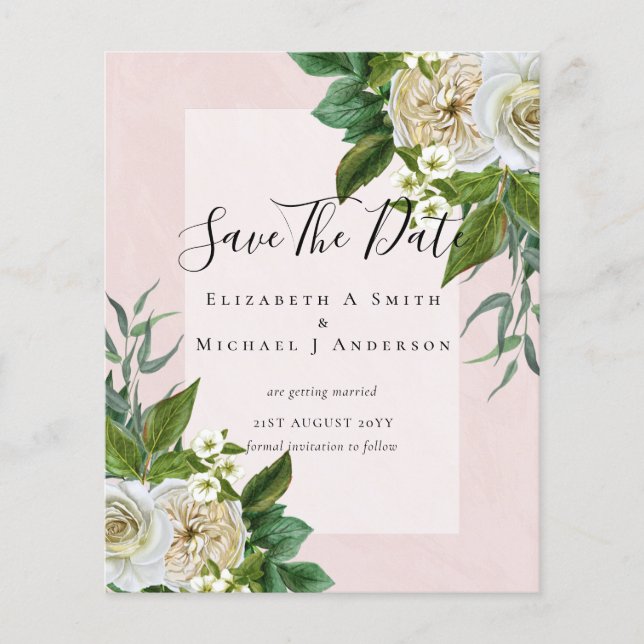 BUDGET WHITE ROSES SAVE DATES WEDDING CHIC FLYER (Front)