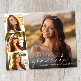 Budget White Script Photo Graduation Announcement