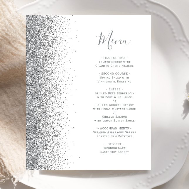 Budget White Silver Glitter Edge Wedding Menu (Creator Uploaded)