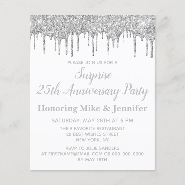 Budget White & Silver Surprise Anniversary Invite (Front)
