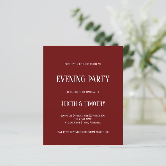 Budget White Text Burgundy Evening Party Invite (Standing Front)