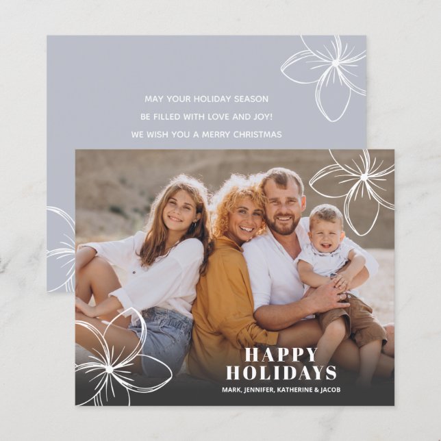 Budget White Tropical Flowers Photo Holiday Card (Front/Back)