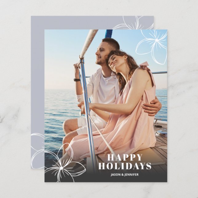 Budget White Tropical Flowers Photo Holiday Card (Front/Back)