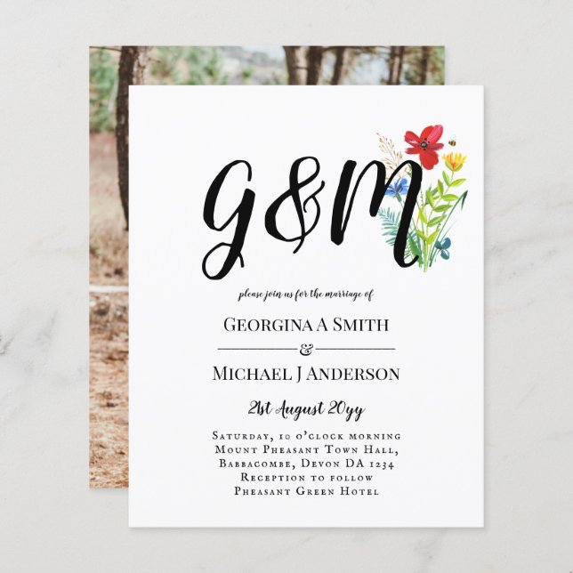 Budget Wild Flower Typography photo Wedding INVITE (Front/Back)