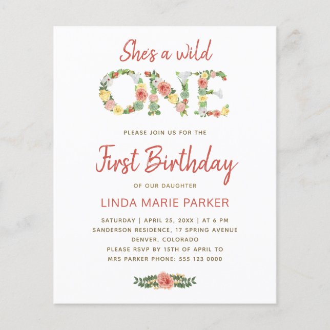 Budget wild one girl 1st birthday party Invitation Flyer (Front)