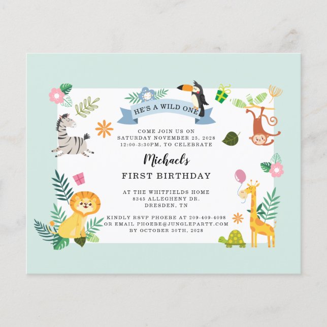 Budget Wild One Jungle Safari Animal 1st Birthday (Front)