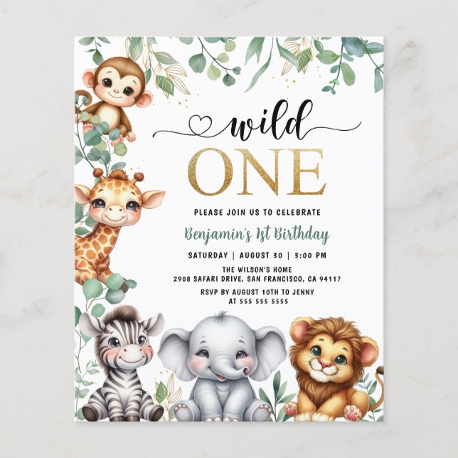 Budget Wild One Safari Animals 1st Birthday Invite (Front)
